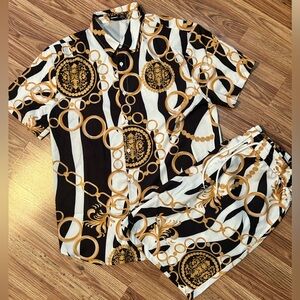 Men’s SHEIN Black and Gold Patterned Shorts and Shirt Set